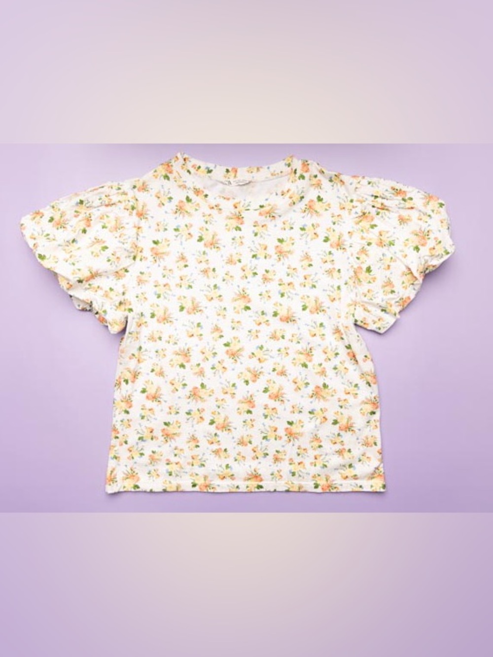 Zara Women’s Floral Puffed Short-Sleeve Tee - White & Peach